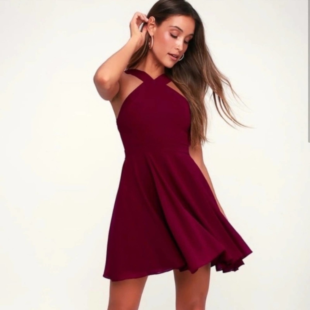 Lulu’s Forevermore Burgundy Skater Strappy Mini‎ Dress Size S